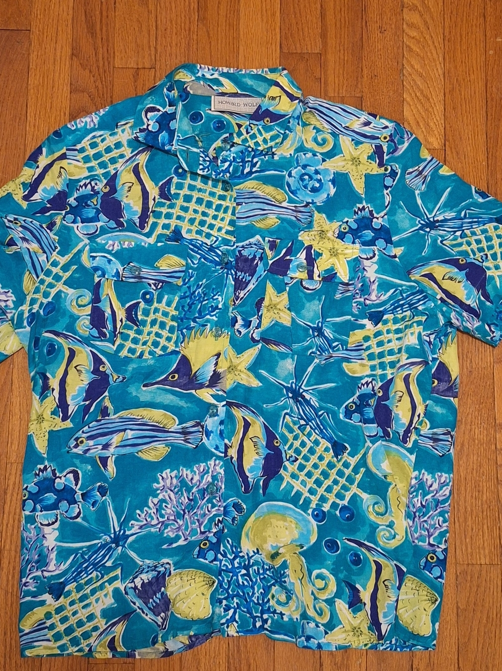 Howard Wolf Vintage 70's 80's Groovy Turquoise Ocean Print Fish Button Up Shirt